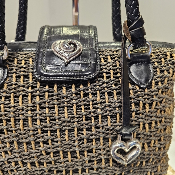 BRIGHTON WOVEN STRAW SATCHEL SHOULDER BAG, BLACK AND TAN - Picture 3 of 16